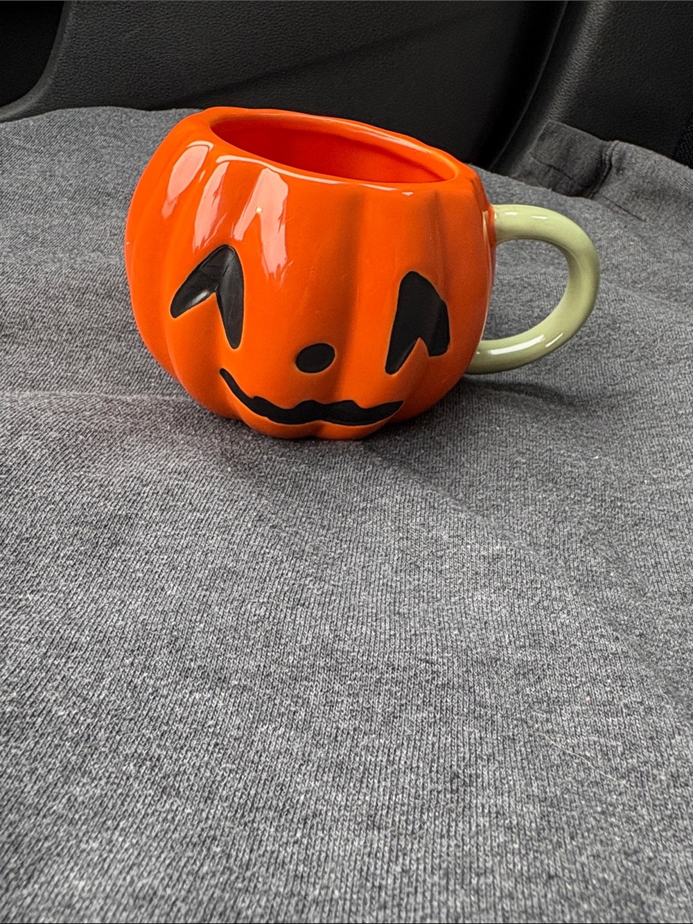 Festive Orange Pumpkin Ceramic Jack-O'-Lantern Mug with green Handle